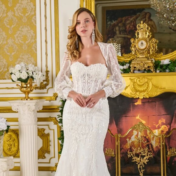 New Strapless Trumpet Wedding Gown w/ Removable Jacket & Lace Up Back GL3826 - Picture 1 of 16